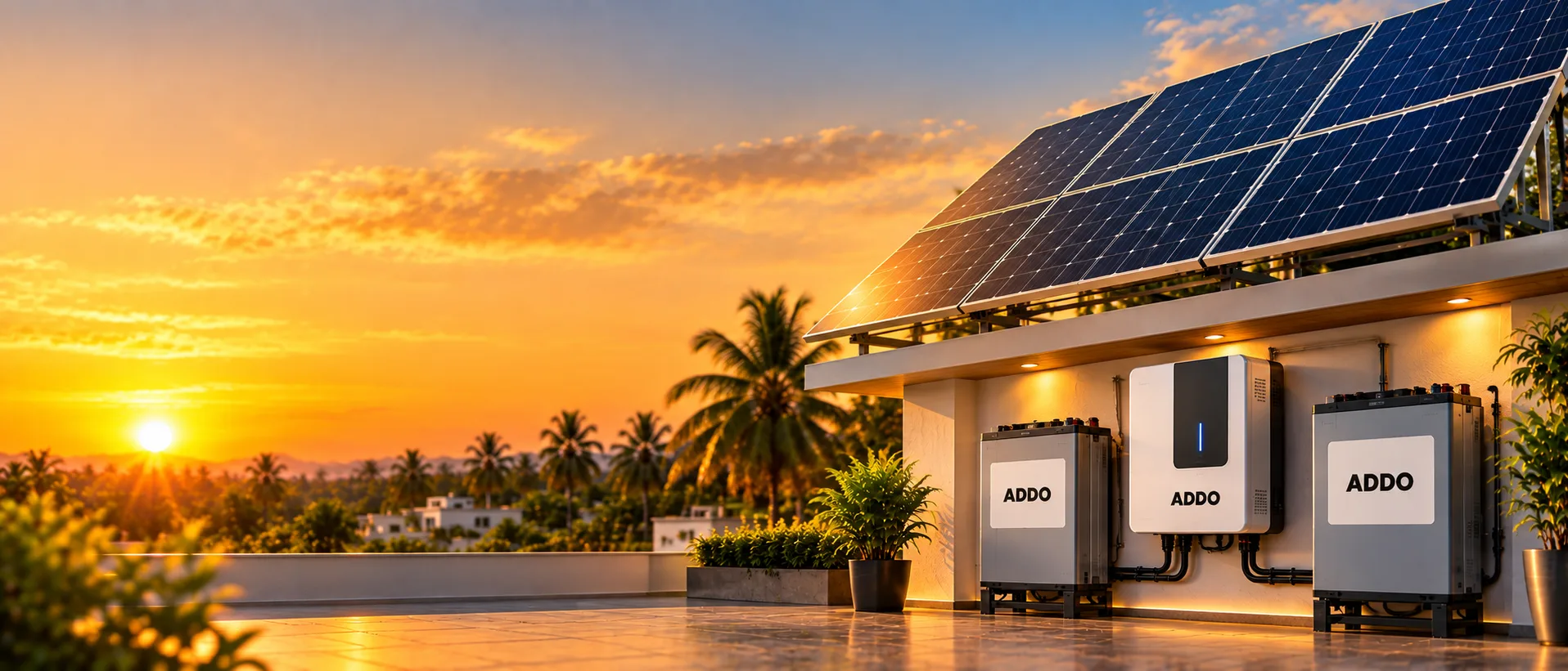 Addo solar inverter and batteries on a rooftop at sunset