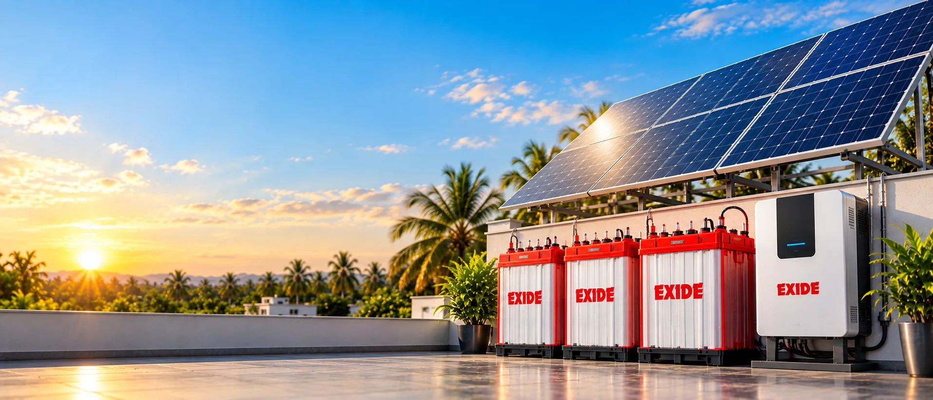 Exide solar panels, batteries and inverter on a rooftop